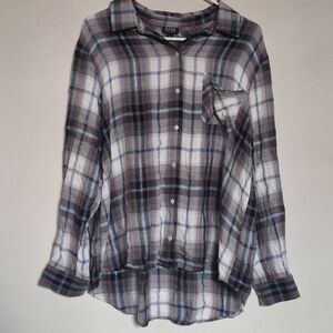 a.n.a Plaid Long Sleeve Button Down Shirt - Blue, Black, and White